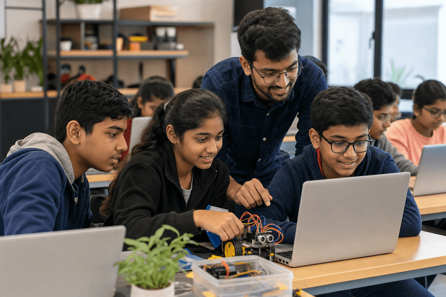 Students learning coding, AI, and robotics with a mentor in a classroom.