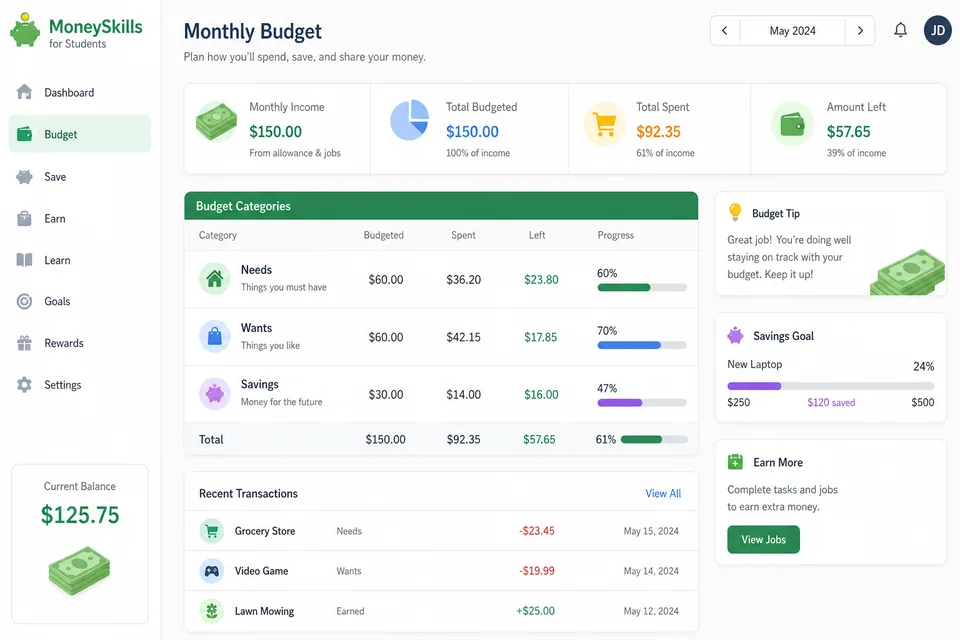 Student financial literacy budgeting workbook screenshot