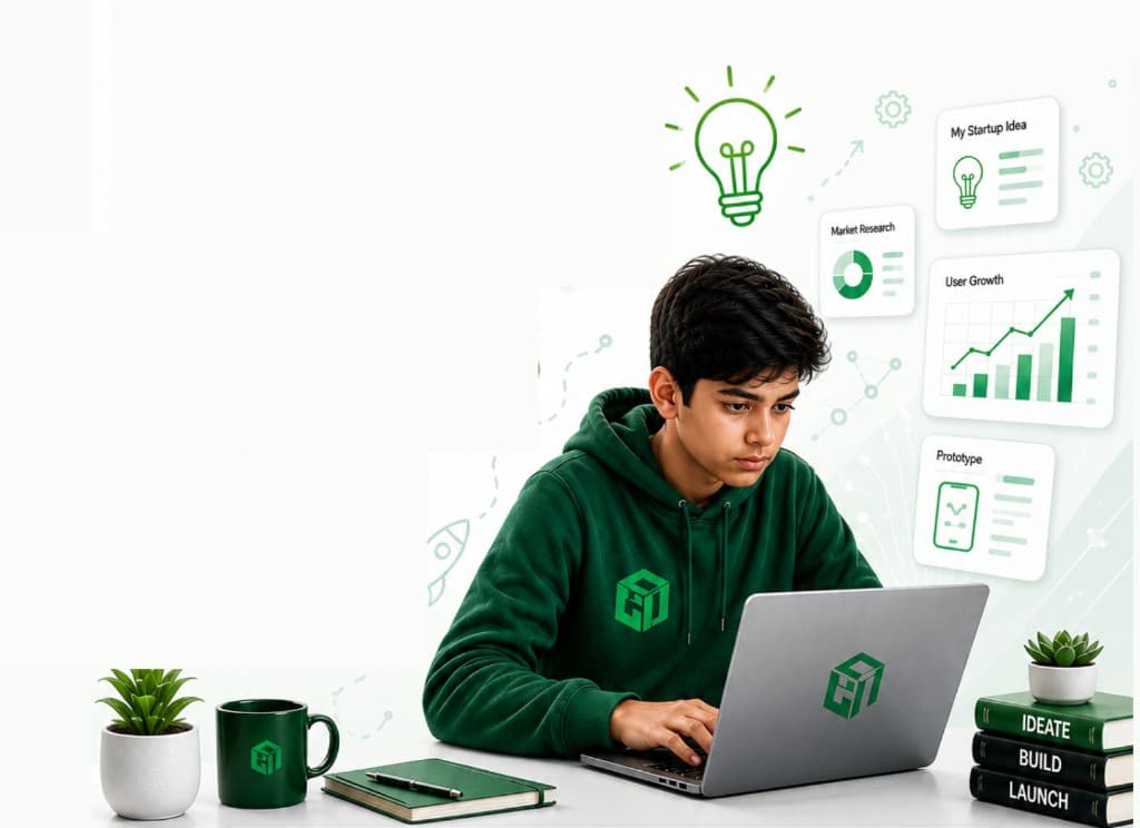 Student working on a startup idea with laptop