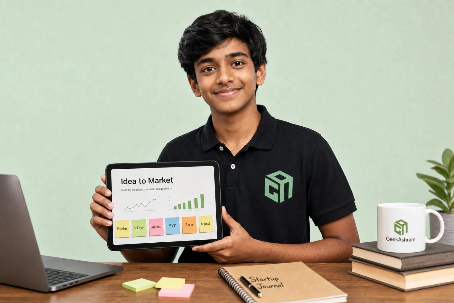 GeekashramJr student in black Geekashram polo building a startup idea into a pitch