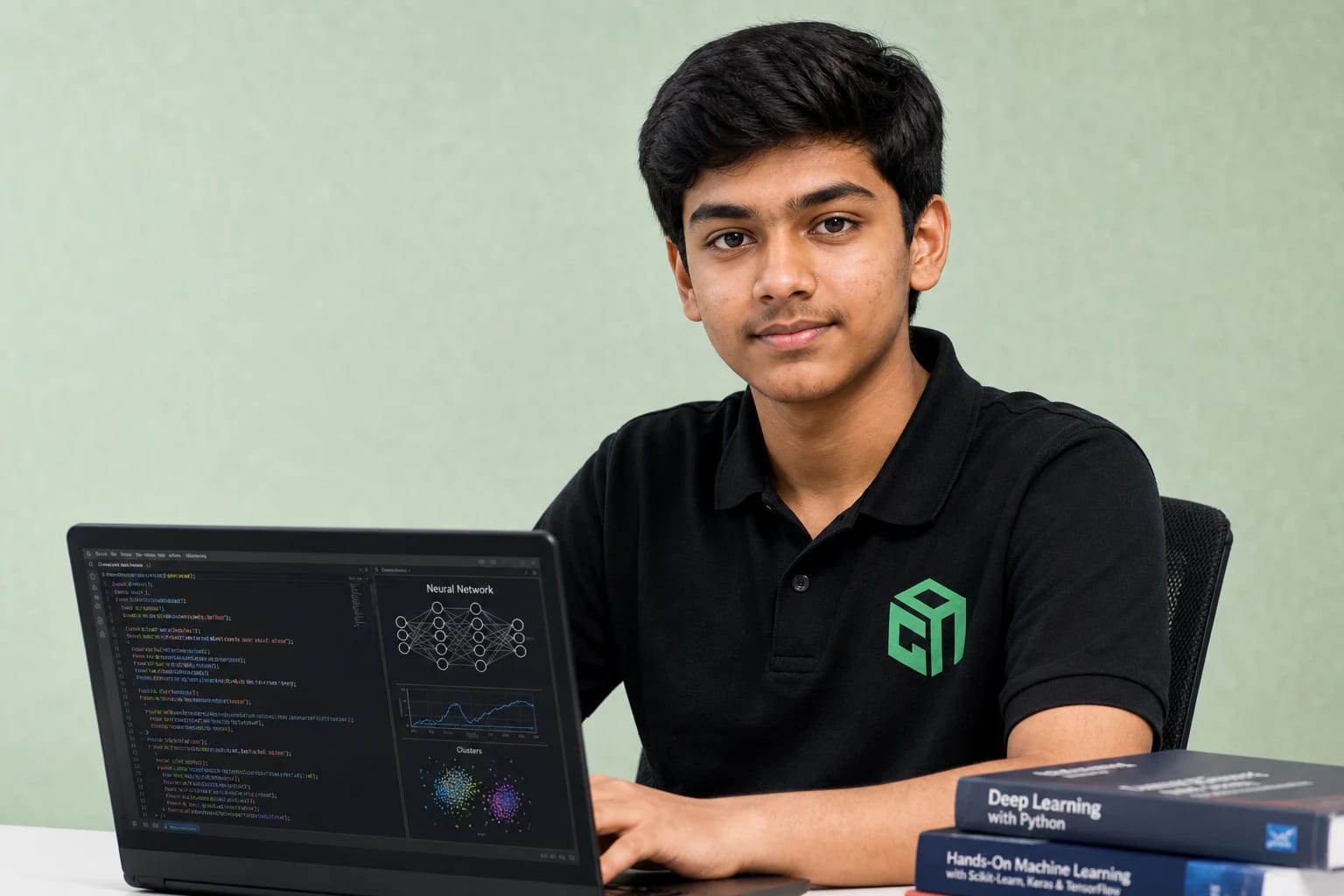 GeekashramJr teen student in black Geekashram polo learning hands-on AI, LLMs, and Python projects