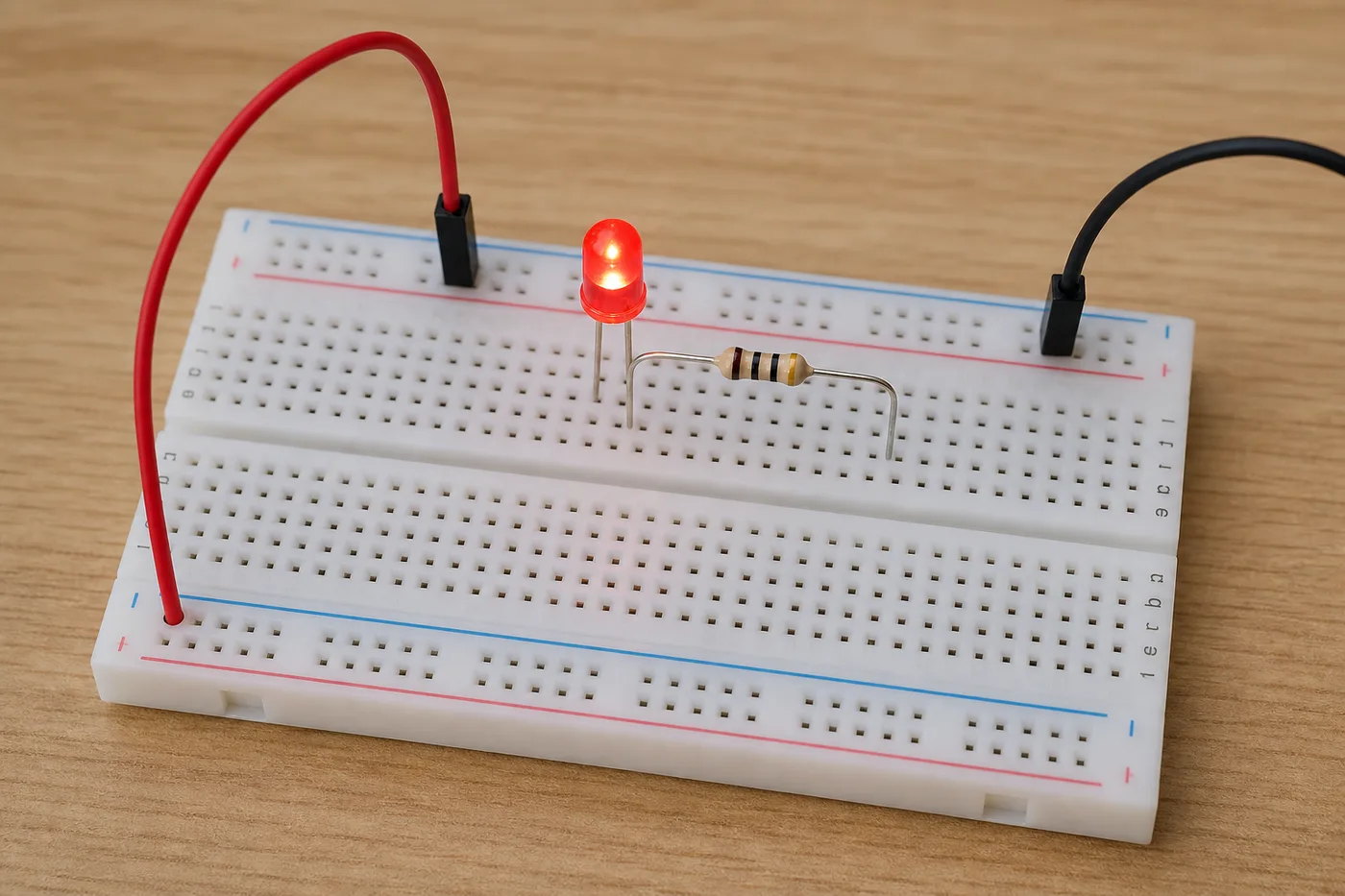 Lit LED circuit on a breadboard with resistor for beginners