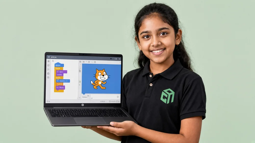 GeekashramJr student in black Geekashram polo learning Scratch block coding with sprites and games