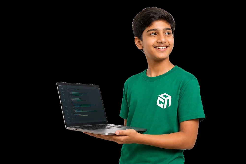 A GeekashramJr student holding a laptop running the game they coded.