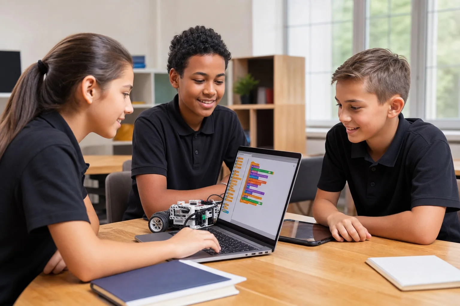 Students learning coding and robotics together in a realistic classroom Students learning coding and robotics together in a realistic classroom