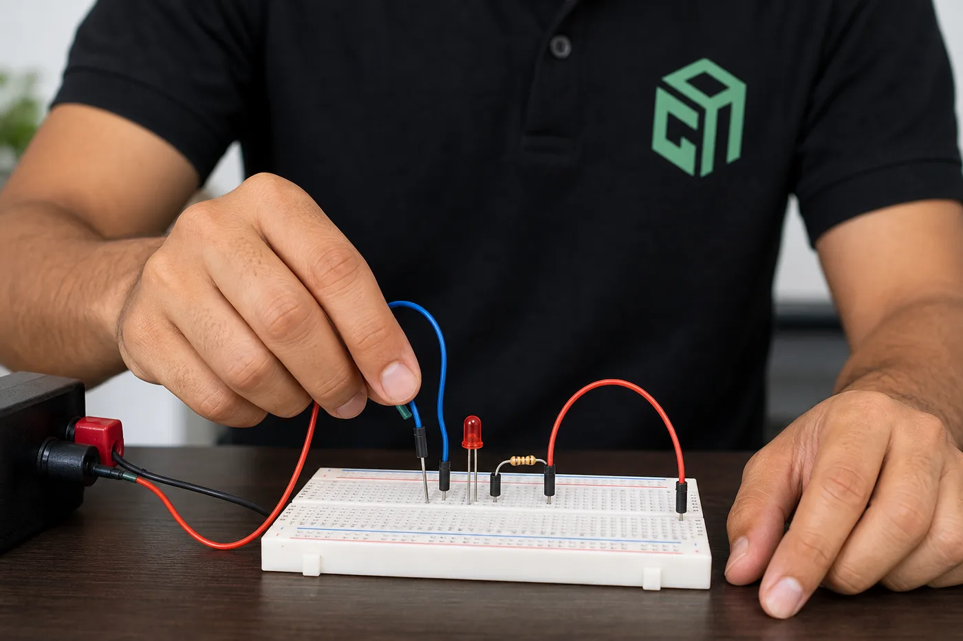 Student working on a white electronics breadboard with jumper wires and LED components Student working on a white electronics breadboard with jumper wires and LED components