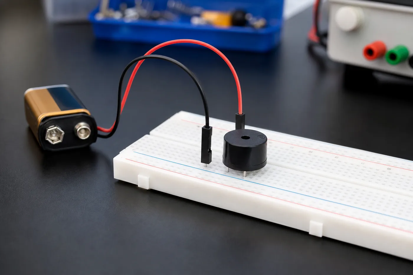 Piezo buzzer wired on a breadboard for a beginner electronics test Piezo buzzer wired on a breadboard for a beginner electronics test