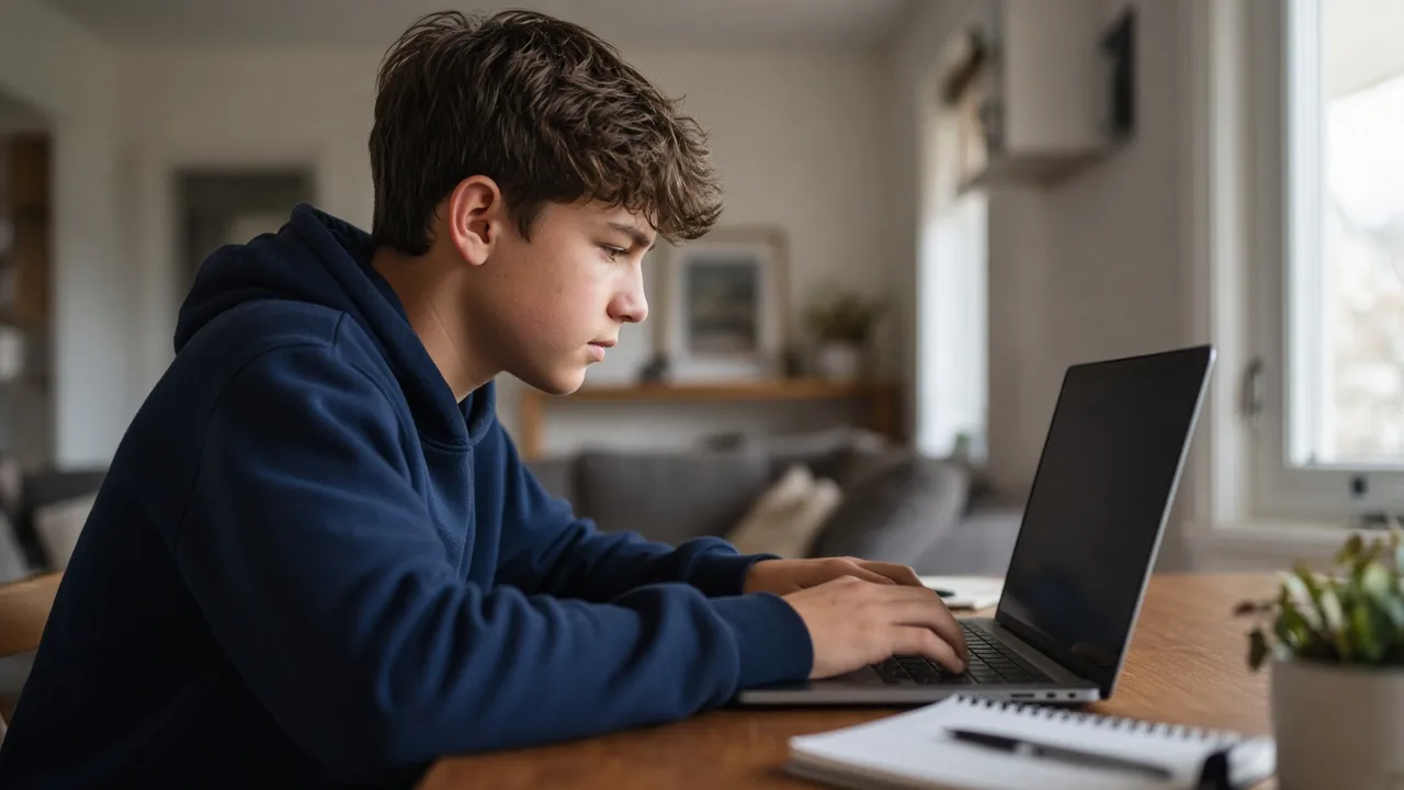 Australian secondary school student coding Python on a laptop
