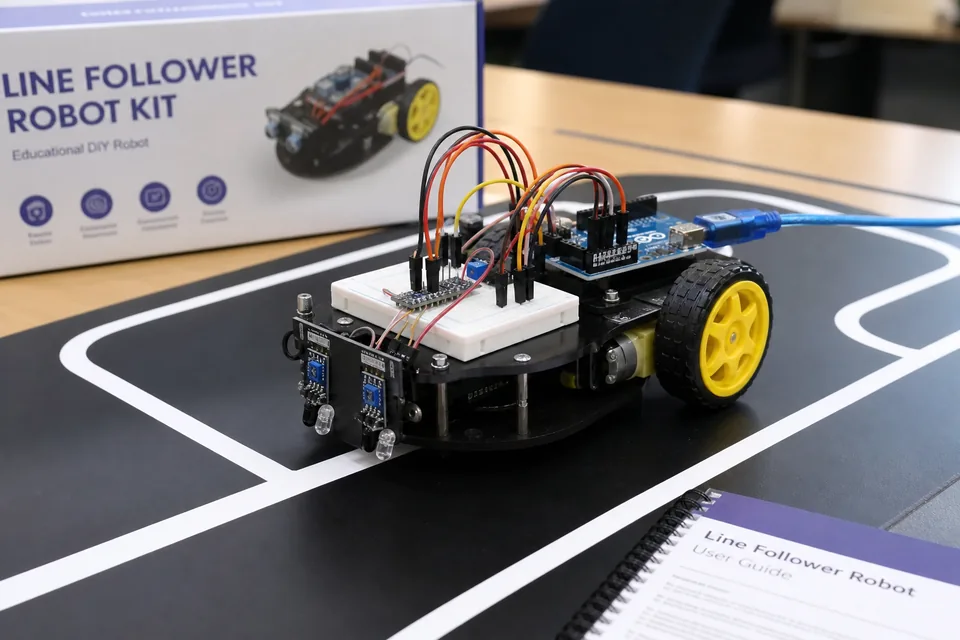 Student-built line-following robot on a track with sensors Student-built line-following robot on a track with sensors