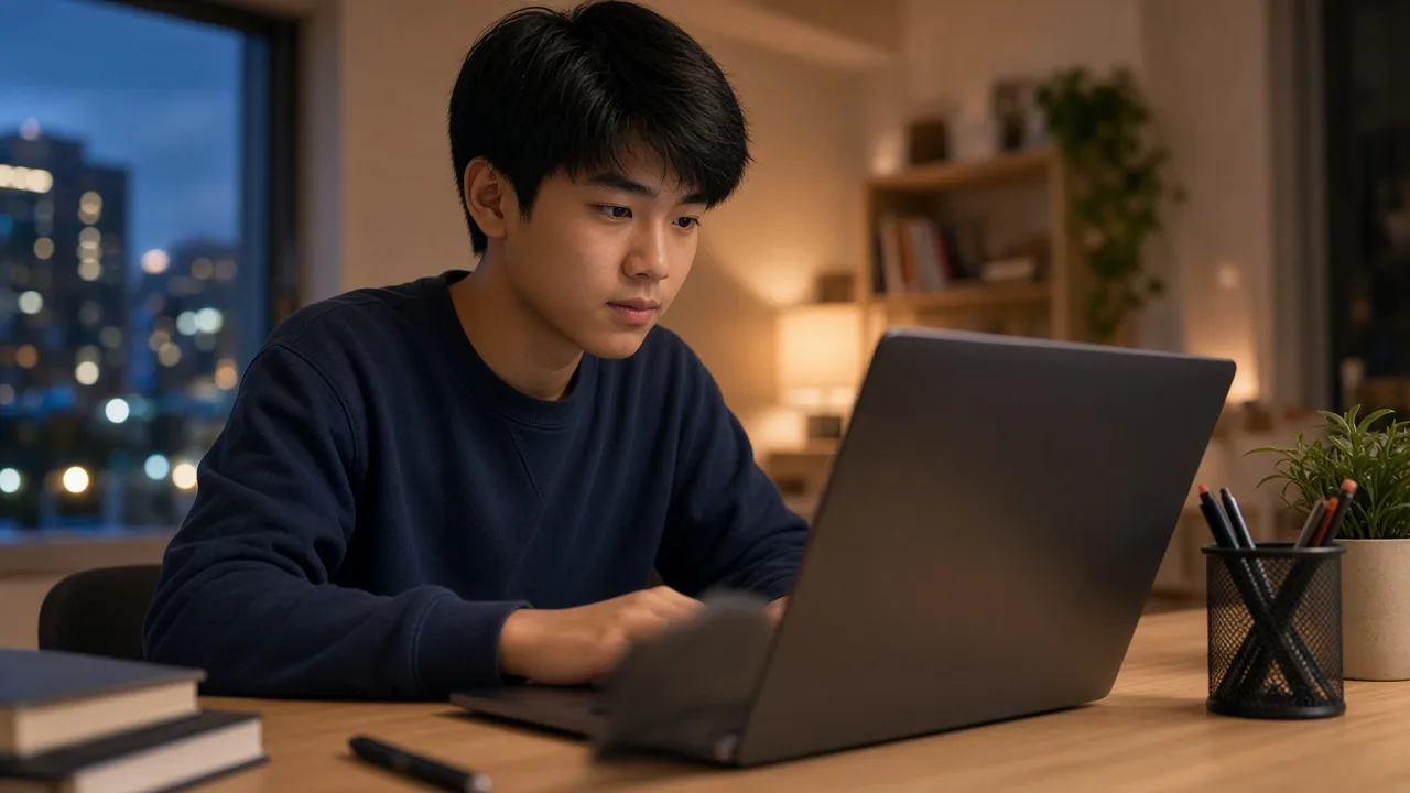 Singapore upper secondary student building an advanced coding project on a laptop