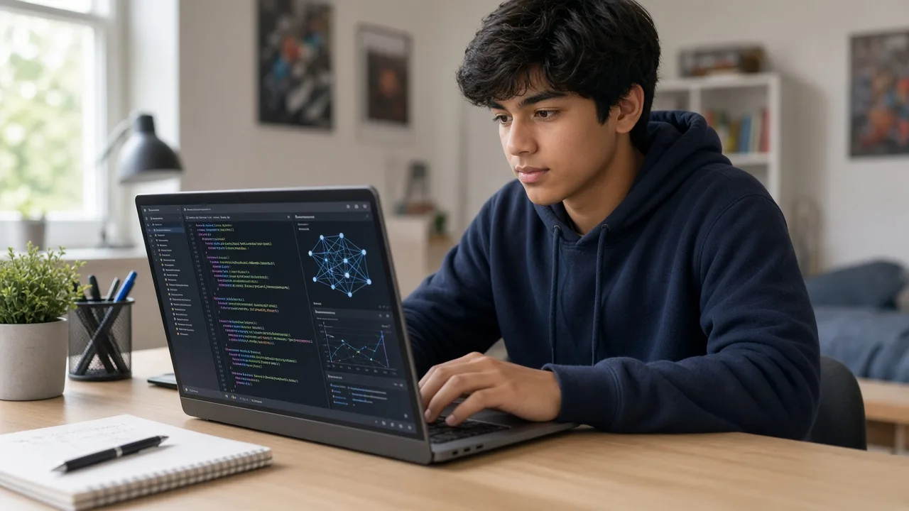 Student continuing a personal project on a laptop with mentor support Student continuing a personal project on a laptop with mentor support
