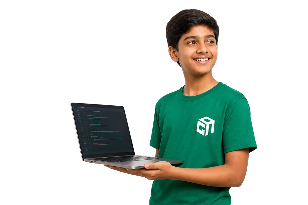 GeekashramJr student coding a Java program on a laptop